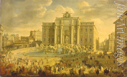 Pannini (Panini) Giovanni Paolo - Der Trevi-Brunnen in Rom (Papst Benidikt XIV. besucht den Trevi-Brunnen in Rom)