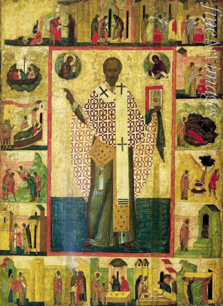 Russische Ikone - Heiliger Nikolaus von Saraisk mit Vita