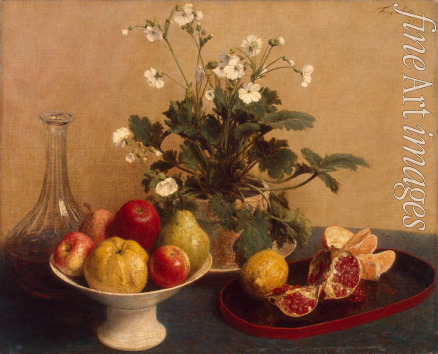 Fantin-Latour Henri - Flowers, Dish with Fruit and Carafe