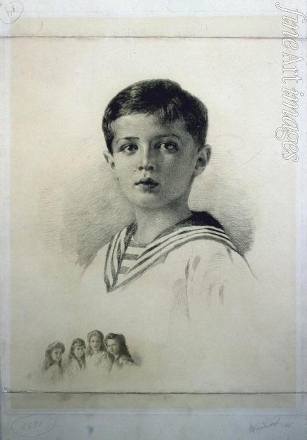 Rundalzow Michail Viktorowitsch - Porträt von Zesarewitsch Alexei Nikolajewitsch von Russland (1904-1918) mit Remarque-Porträte seiner Schwestern