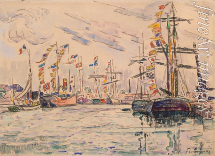 Signac Paul - Sailboats with Holiday Flags at a Pier in Saint-Malo