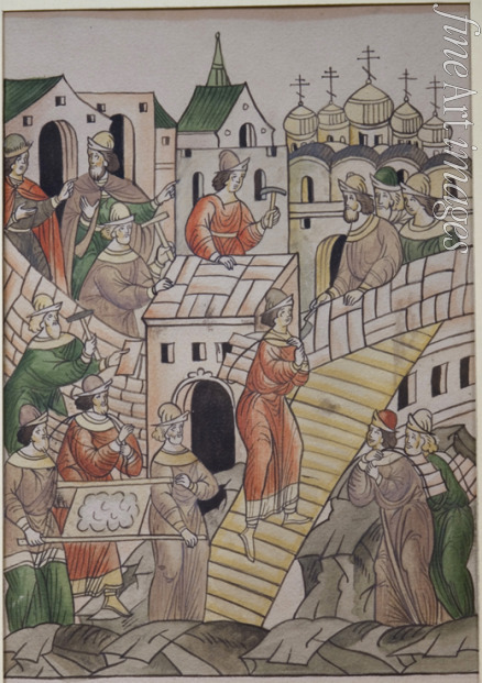 Altrussische Kunst - Der Bau des steinernen Kreml 1367 (Buchmalerei)