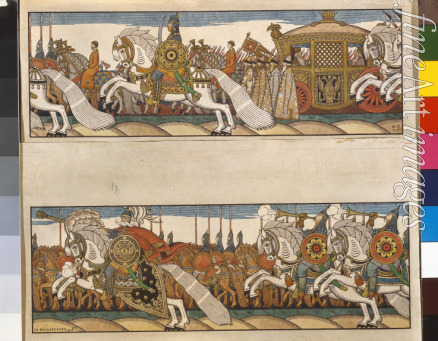 Bilibin Ivan Yakovlevich - Army of Tsar Dadon. Illustration to the fairytale The Golden Cockerel by A. Pushkin