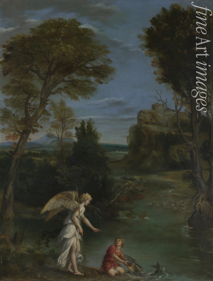 Domenichino - Landscape with Tobias laying hold of the Fish