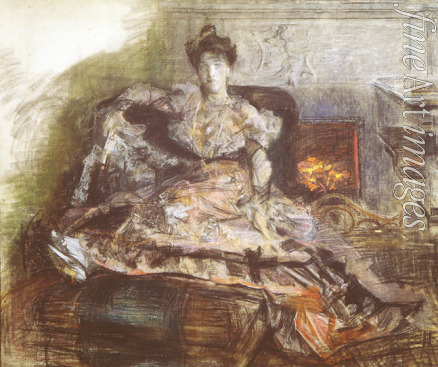 Vrubel Mikhail Alexandrovich - After the Concert. Portrait of N. Zabela-Vrubel at the fireplace in a dress designed by Vrubel