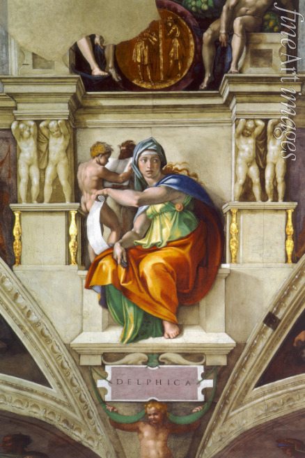 Buonarroti Michelangelo - Die Delphische Sibylle (Deckenfresko zur Schöpfungsgeschichte in der Sixtinischen Kapelle)