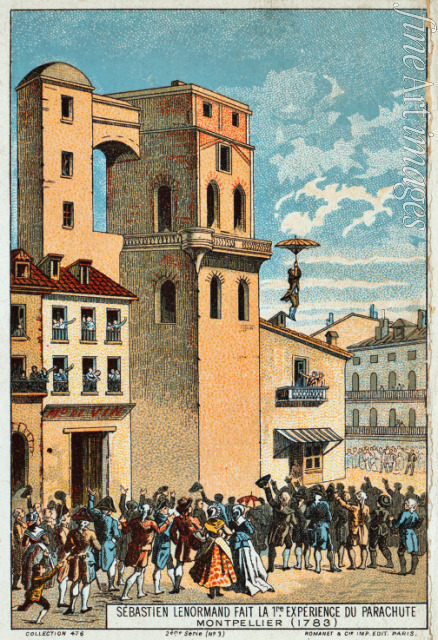 Unbekannter Künstler - Lenormand springt mit seinem Fallschirm vom Turm des Observatoriums von Montpellier 1783