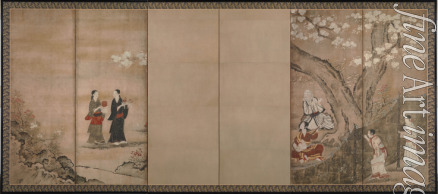 Naganobu Kano Isenin - Belustigung unter Aronia Blüten. Rechter Teil von zwei sechsteiligen Wandschirme