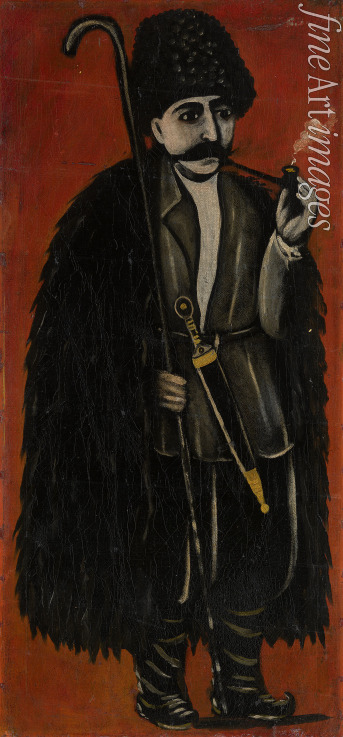 Pirosmani Niko - Schäfer in einer Filzumhang vor einem roten Hintergrund