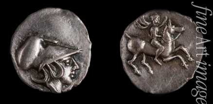 Numismatic Ancient Coins - Emporiae coin. Obverse: Head of Athena with Corinthian helmet