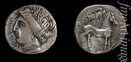 Numismatik Antike Münzen - Silberdrachme aus Emporion. Vorderseite: Kopf der Persephone