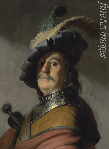 Rembrandt van Rhijn - Bust of a man in a gorget and a feathered beret