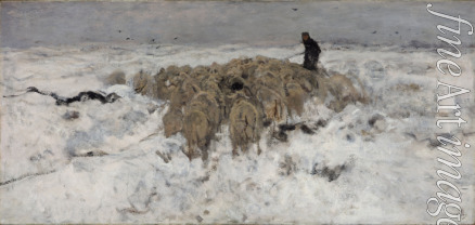 Mauve Anton - Flock of sheep with shepherd in the snow