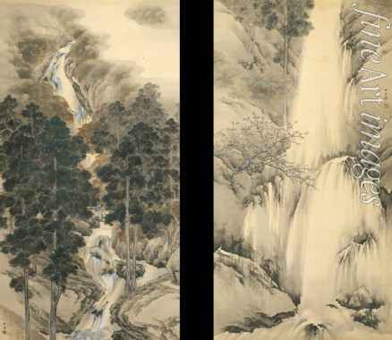 Chikudo Kishi - Waterfall in Spring and Autumn (Set of two hanging scrolls)