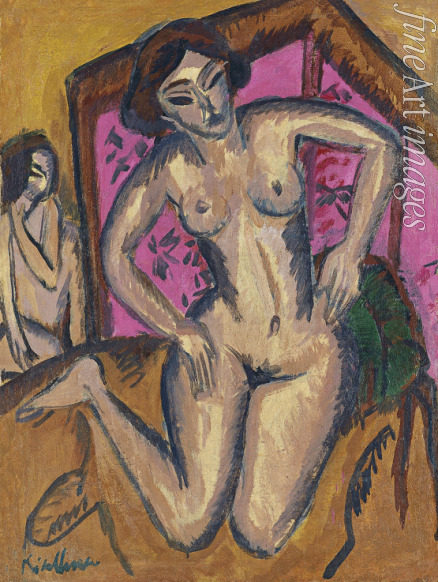 Kirchner Ernst Ludwig - Kneeling Nude in front of Red Screen