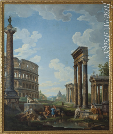 Pannini (Panini) Giovanni Paolo - A capriccio with figures among Roman ruins including the Arch of Constantine and the Pantheon