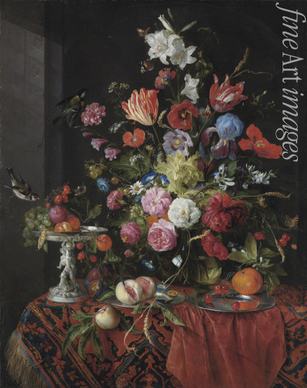 Heem Jan Davidsz. de - Flowers in a glass vase on a draped table, with a silver tazza, fruit, insects and birds