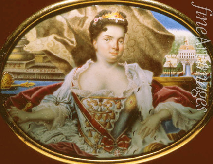Musikiysky Grigori Semyonovich - Portrait of Empress Catherine I (1684-1727) with a View of Catherinenhof