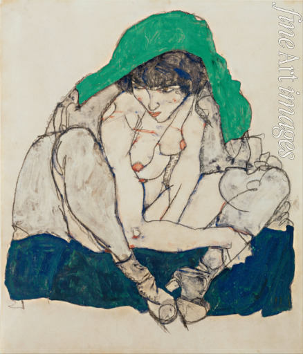Schiele Egon - Crouching Woman with Green Headscarf