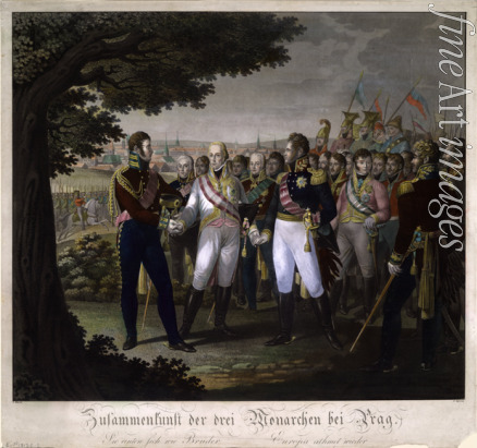 Jügel Johann Friedrich - The meeting between Emperors Francis I of Austria, Alexander I of Russia and Frederick William III of Prussia at Prague in 1813