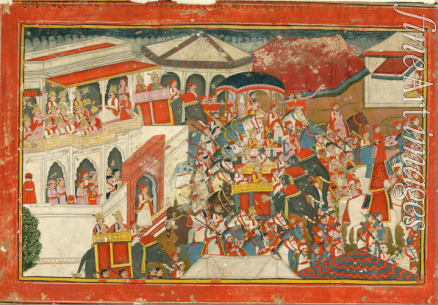 Indian Art - Krishna and Balarama setting off from a palace