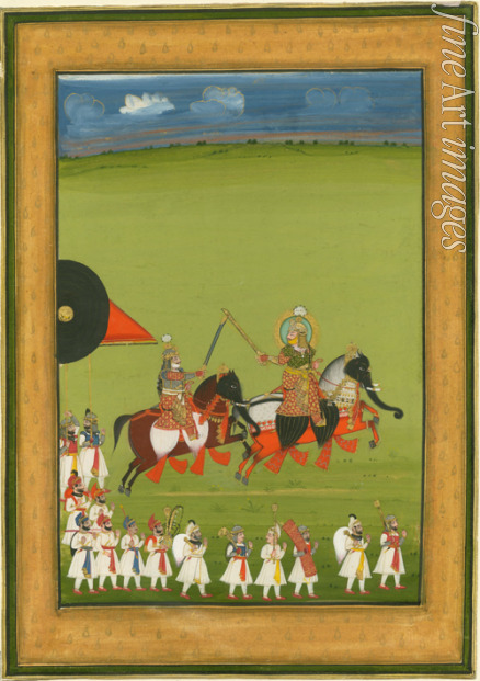 Indian Art - Rajah and son on horses disguised as elephants, and suite of attendants