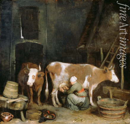 Ter Borch Gerard der Jüngere - Eine Magd, die Kuh in der Scheune melkend