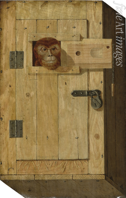 Trajtler Jòsef - Trompe l'oeil mit dem Affen in einer Holzkiste