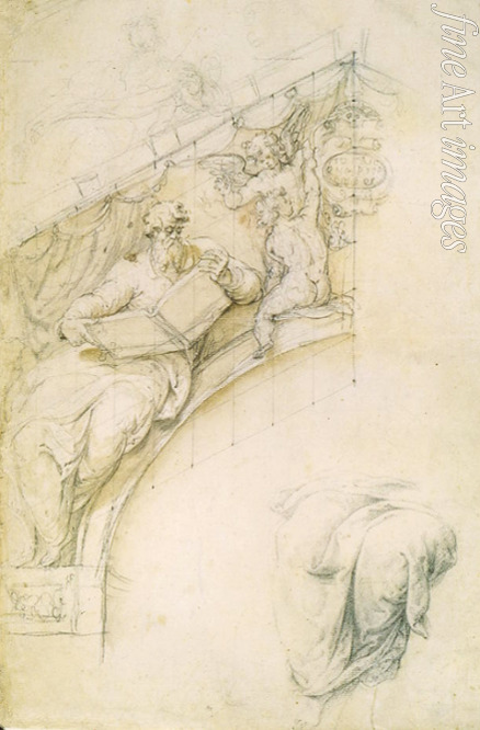 Perino del Vaga - Skizze eines Wandbogens mit einem Propheten und zwei Putten