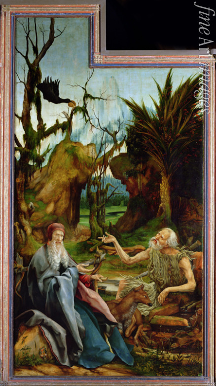 Grünewald Matthias - The Isenheim Altarpiece. Left wing: Meeting of Saint Anthony and Saint Paul the Anchorite in the Desert