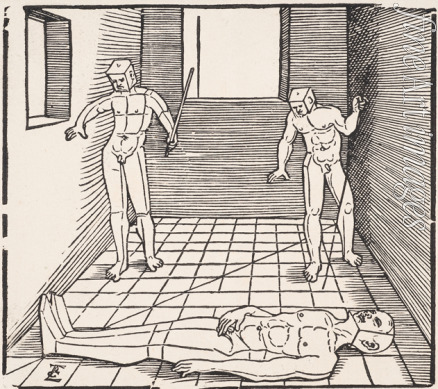 Schön Erhard - Drei männliche Figuren in einem Raum (Aus: Unnderweissung der Proportzion)