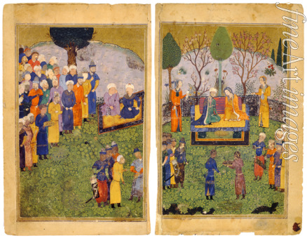 Iranischer Meister - Fürstliches Paar mit Höflinge in einem Garten. Aus Schahname (Buch der Könige)