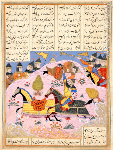 Iranischer Meister - Malik hebt Abu'l Mihjan aus dem Sattel. Aus Khavarannama (Das Buch des Ostens) von ibn Husam al-Din