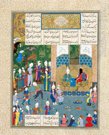 Iranischer Meister - Kai Khosrow wird von seinem Großvater, Kay Kavus, König von Iran empfangen (Buchminiatur aus Schahname von Ferdousi)