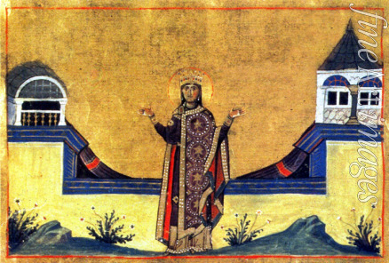 Unbekannter Künstler - Die selige Kaiserin Theophania, Gemahlin des Kaisers Leo (Miniatur aus Menologion Basileios' II.)