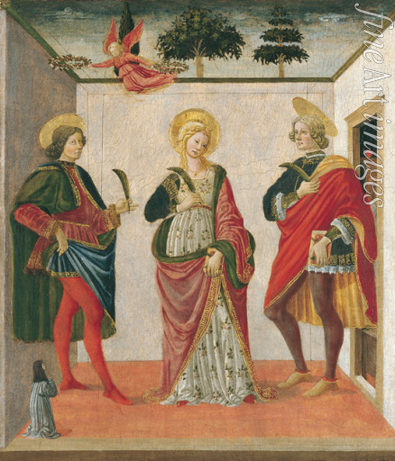 Botticini Francesco - Heilige Cäcilia zwischen Heiligen Valerian und Tiburtius mit einer Stifterin