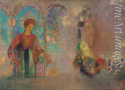 Redon Odilon - Woman in a gothic arcade. Woman with flowers