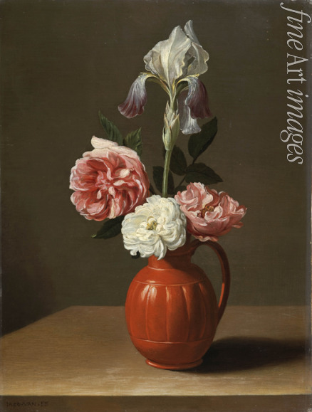 Van Es Jacob Foppens - An iris and three roses in an earthenware pot