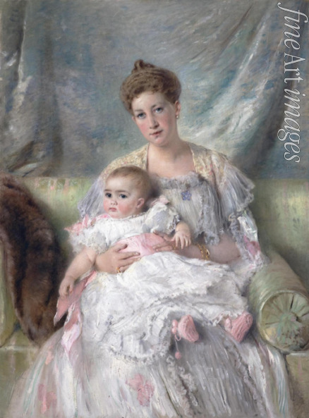 Makovsky Konstantin Yegorovich - Portrait of Grand Duchess Maria Georgievna of Russia (1876-1940) with daughter Nina (1901-1974)