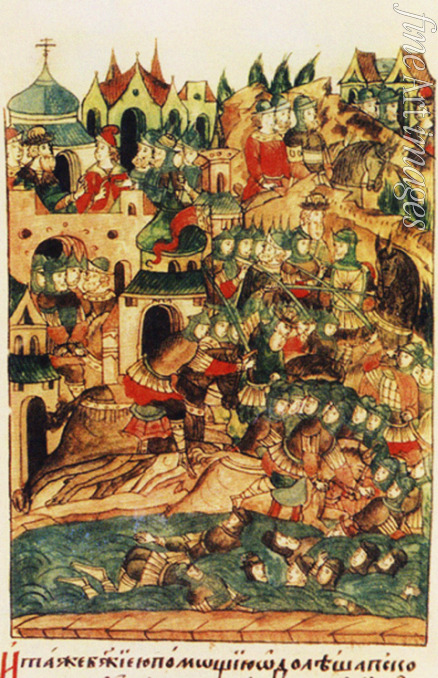 Altrussische Kunst - Die Schlacht bei Wesenberg am 18. Februar 1268 (Aus der Illustrierten Chronikhandschrift)