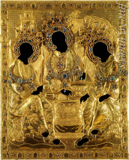 Altrussische Kunst - Oklad (Metallverkleidung) von Ikone der heiligen Dreifaltigkeit von Andrei Rubljow