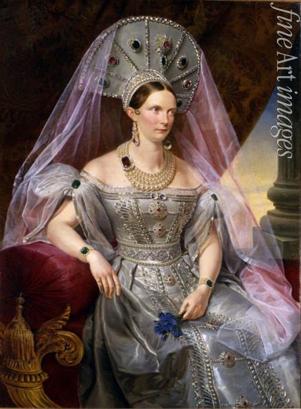 Krüger Franz - Porträt der Kaiserin Alexandra Fjodorowna (Charlotte von Preußen), in russischer Tracht mit Kokoschnik
