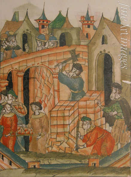 Unbekannter Künstler - Erbauung der Mariä-Himmelfahrts-Kathedrale im Moskauer Kreml von Aristotle Fioravanti (Aus der Illustrierten Chronikhandschrift)