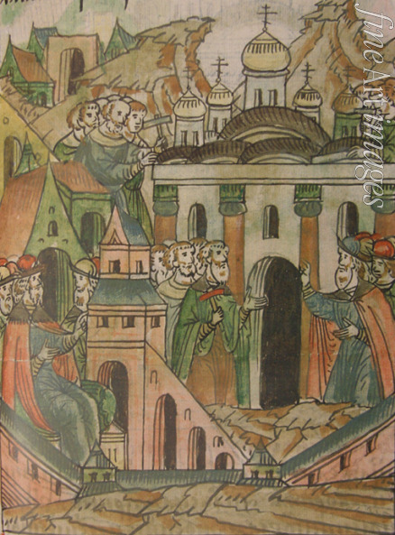 Unbekannter Künstler - Abschluss der Bauarbeiten von Mariä-Himmelfahrts-Kathedrale im Moskauer Kreml (Aus der Illustrierten Chronikhandschrift)