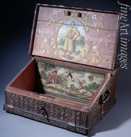 Anonymous master - Wooden cash (or writing) box with poptrait of Peter the Great's son