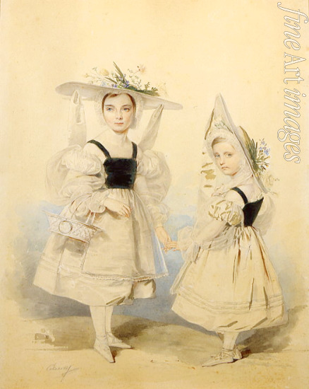 Sokolow Pjotr Fjodorowitsch - Porträt der Großfürstinnen Olga und Alexandra in Maskenballkleidung