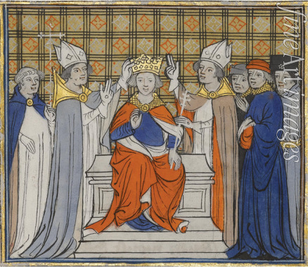Unbekannter Künstler - Krönung und Salbung Ludwigs IV. in Laon von der Hand Erzbischof Artolds von Reims. Aus Grandes Chroniques de France