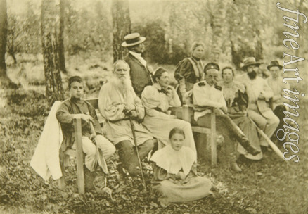 Tolstaja Sofia Andrejewna - Lew Tolstoi mit Gäste in Jasnaja Poljana (zweiter von rechts Komponist Sergei Tanejew)