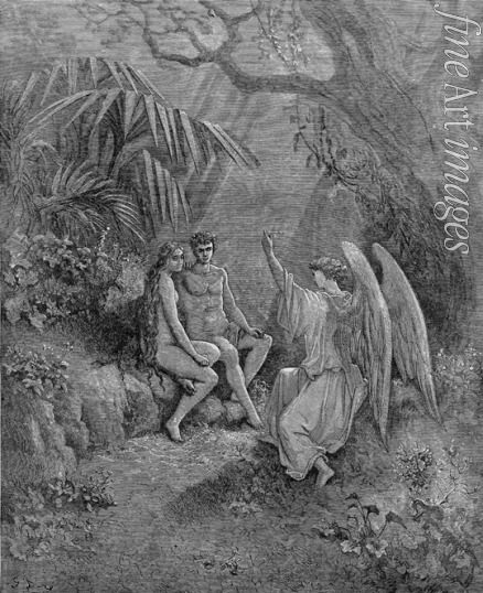 Doré Gustave - Raphael spricht mit Adam und Eva. Illustration für 