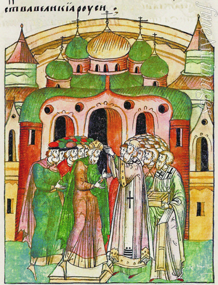 Anonymous - Vladimir Vsevolodovich crowned by Bishop Neophytos with Monomakh's Cap. (From the Illuminated Compiled Chronicle)